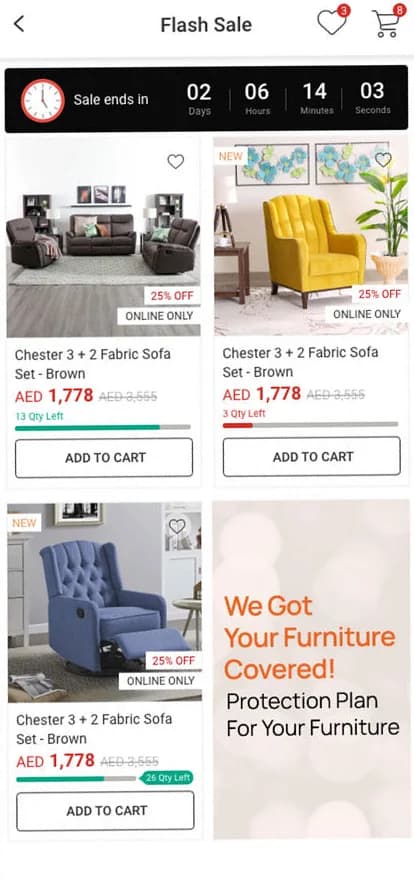 Flash sale listing with a countdown timer in the header and stock bars on each product card.