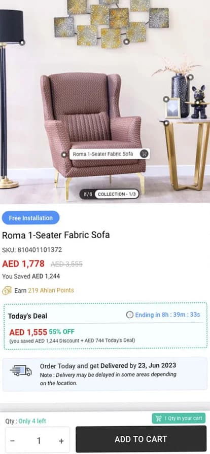 Product detail: lifestyle photo with a tappable product tag, price with saving and reward points, today's deal timer, delivery estimate, and a quantity stepper with Add to Cart.