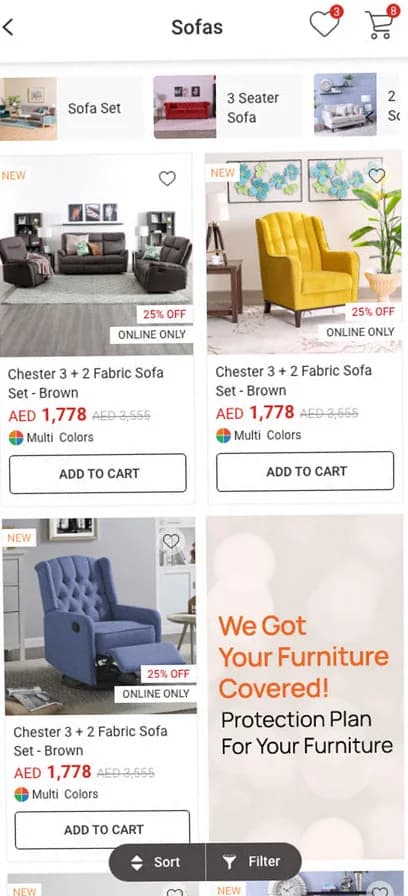 Sofas listing: category shortcuts, two-column product grid with discount badges, and a floating Sort and Filter pill.