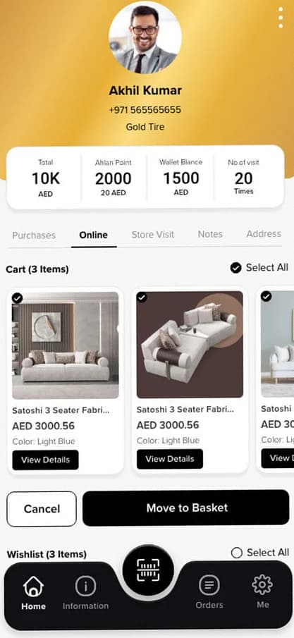 Customer's online cart and wishlist with Select all, product cards, and Cancel and Move to Basket buttons.