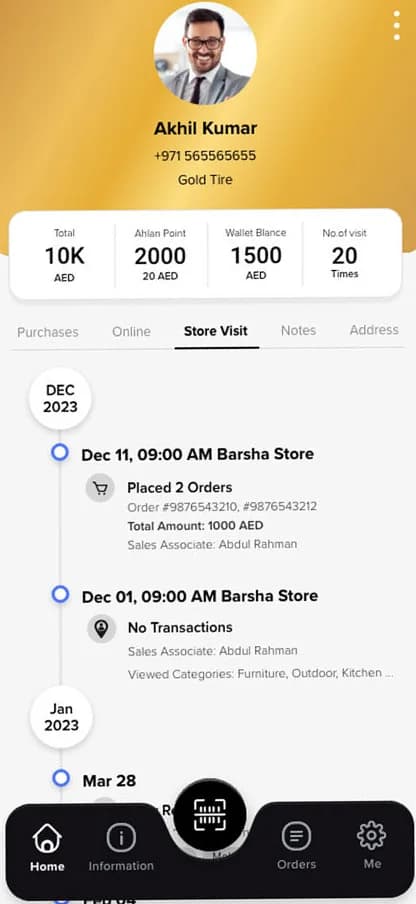 Customer profile with gold tier, points, wallet balance and visit count, tabs for purchases, online, store visit, notes and address, and a dated store-visit timeline.