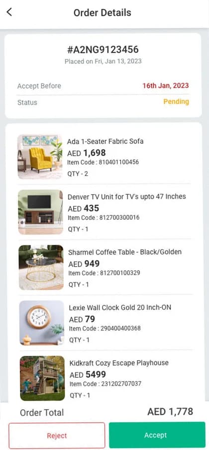 Order detail: order number and date, accept-before date, pending status, item list with prices and SKUs, order total and Reject and Accept buttons.