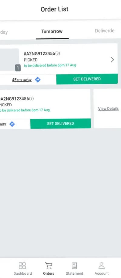 Order list with Today, Tomorrow and Delivered tabs; each card shows status, delivery deadline, distance and a Set Delivered button.